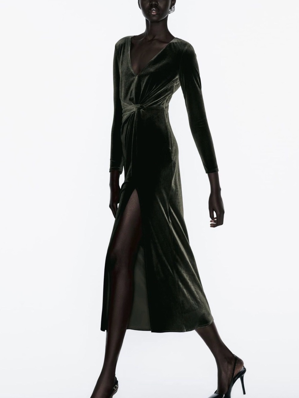 Zara Black Velvet Twist-Front Midi Dress